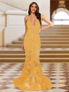 Trumpet/Mermaid V-Neck Sleeveless Evening Dresses with Applique — view 41