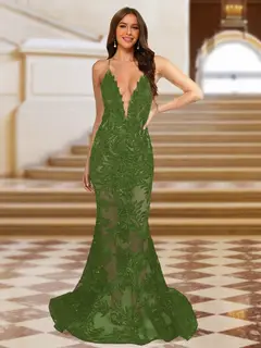 Trumpet/Mermaid V-Neck Sleeveless Evening Dresses with Applique — view 44