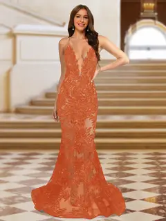Trumpet/Mermaid V-Neck Sleeveless Evening Dresses with Applique — view 45