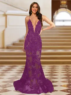 Trumpet/Mermaid V-Neck Sleeveless Evening Dresses with Applique — view 46