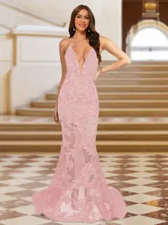 Trumpet/Mermaid V-Neck Sleeveless Evening Dresses with Applique — view 49