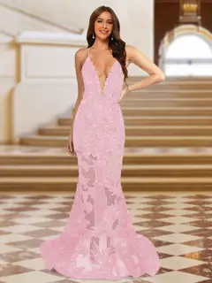 Trumpet/Mermaid V-Neck Sleeveless Evening Dresses with Applique — view 50