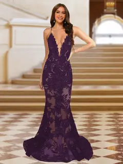 Trumpet/Mermaid V-Neck Sleeveless Evening Dresses with Applique — view 51