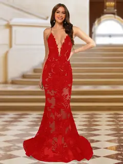 Trumpet/Mermaid V-Neck Sleeveless Evening Dresses with Applique — view 53