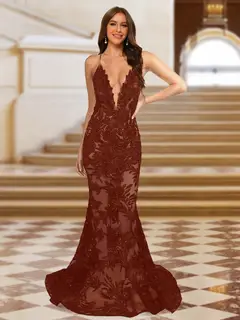 Trumpet/Mermaid V-Neck Sleeveless Evening Dresses with Applique — view 55