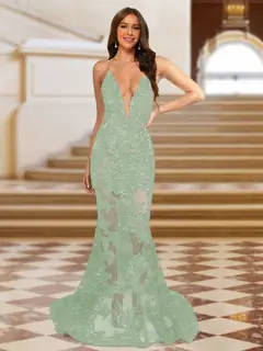 Trumpet/Mermaid V-Neck Sleeveless Evening Dresses with Applique — view 56