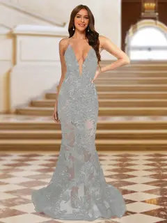 Trumpet/Mermaid V-Neck Sleeveless Evening Dresses with Applique — view 58