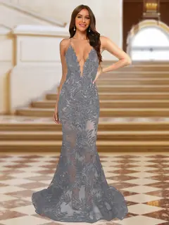 Trumpet/Mermaid V-Neck Sleeveless Evening Dresses with Applique — view 59