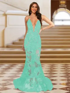 Trumpet/Mermaid V-Neck Sleeveless Evening Dresses with Applique — view 61