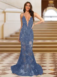 Trumpet/Mermaid V-Neck Sleeveless Evening Dresses with Applique — view 62
