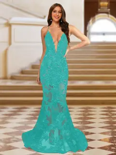 Trumpet/Mermaid V-Neck Sleeveless Evening Dresses with Applique — view 64
