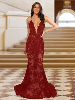 Trumpet/Mermaid V-Neck Sleeveless Evening Dresses with Applique — view 66