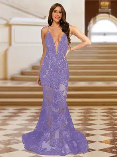 Trumpet/Mermaid V-Neck Sleeveless Evening Dresses with Applique — view 67