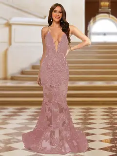 Trumpet/Mermaid V-Neck Sleeveless Evening Dresses with Applique — view 69
