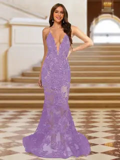 Trumpet/Mermaid V-Neck Sleeveless Evening Dresses with Applique — view 70