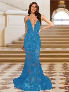 Trumpet/Mermaid V-Neck Sleeveless Evening Dresses with Applique — view 71