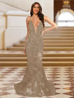 Trumpet/Mermaid V-Neck Sleeveless Evening Dresses with Applique — view 72