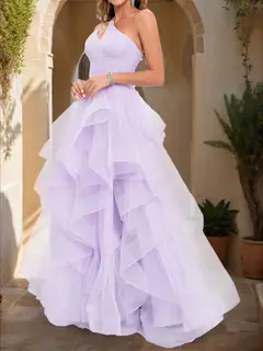 Ball Gown One-Shoulder Sleeveless Tiered Prom Dresses — view 3