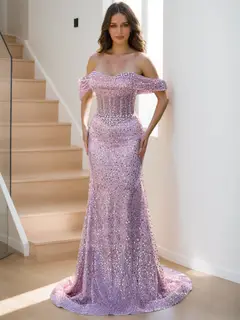 Sequin Trumpet/Mermaid Off-the-Shoulder Prom Dresses with Beadings — view 1