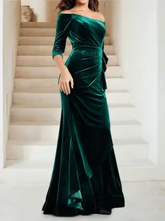 Velvet Trumpet/Mermaid Off-the-Shoulder 3/4 Sleeves Floor-Length Evening Dresses with Ruffles — view 3