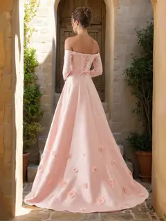 A-Line/Princess Strapless Long Sleeves Prom Dresses with 3D Flowers — view 2