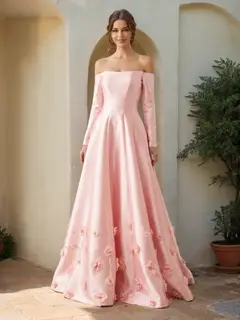 A-Line/Princess Strapless Long Sleeves Prom Dresses with 3D Flowers — view 3