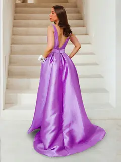 A-Line/Princess Deep V-Neck Ruched Evening Dresses with Belt & Pockets — view 2