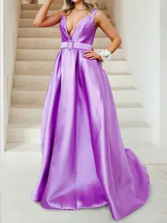 A-Line/Princess Deep V-Neck Ruched Evening Dresses with Belt & Pockets — view 3