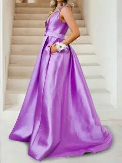 A-Line/Princess Deep V-Neck Ruched Evening Dresses with Belt & Pockets — view 4