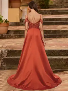 A-Line/Princess Cold Shoulder Short Sleeves Rhinestone Prom Dresses — view 2