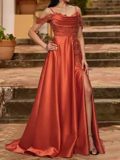 A-Line/Princess Cold Shoulder Short Sleeves Rhinestone Prom Dresses — view 3