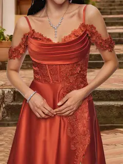 A-Line/Princess Cold Shoulder Short Sleeves Rhinestone Prom Dresses — view 4