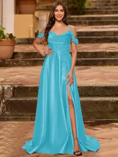 A-Line/Princess Cold Shoulder Short Sleeves Rhinestone Prom Dresses — view 5