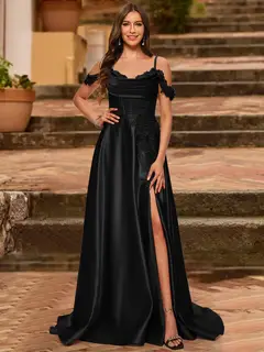 A-Line/Princess Cold Shoulder Short Sleeves Rhinestone Prom Dresses — view 6