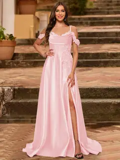 A-Line/Princess Cold Shoulder Short Sleeves Rhinestone Prom Dresses — view 7