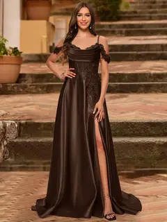 A-Line/Princess Cold Shoulder Short Sleeves Rhinestone Prom Dresses — view 8