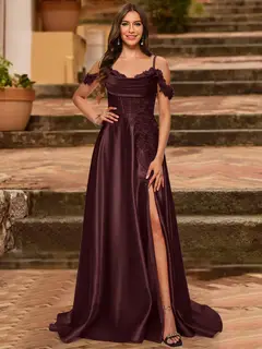A-Line/Princess Cold Shoulder Short Sleeves Rhinestone Prom Dresses — view 9