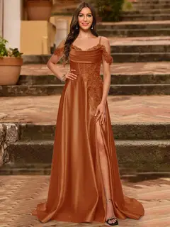 A-Line/Princess Cold Shoulder Short Sleeves Rhinestone Prom Dresses — view 10