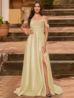 A-Line/Princess Cold Shoulder Short Sleeves Rhinestone Prom Dresses — view 12