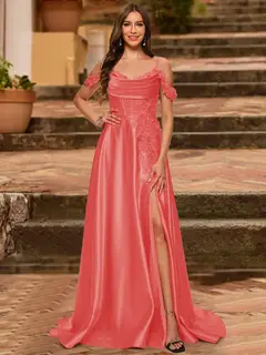 A-Line/Princess Cold Shoulder Short Sleeves Rhinestone Prom Dresses — view 13