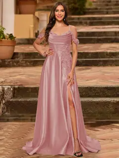 A-Line/Princess Cold Shoulder Short Sleeves Rhinestone Prom Dresses — view 18