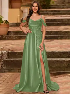 A-Line/Princess Cold Shoulder Short Sleeves Rhinestone Prom Dresses — view 19