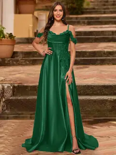 A-Line/Princess Cold Shoulder Short Sleeves Rhinestone Prom Dresses — view 20