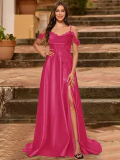 A-Line/Princess Cold Shoulder Short Sleeves Rhinestone Prom Dresses — view 22