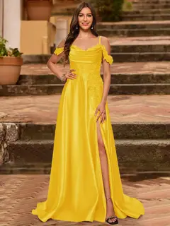 A-Line/Princess Cold Shoulder Short Sleeves Rhinestone Prom Dresses — view 24