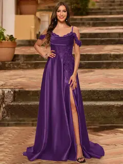 A-Line/Princess Cold Shoulder Short Sleeves Rhinestone Prom Dresses — view 25