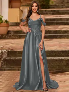 A-Line/Princess Cold Shoulder Short Sleeves Rhinestone Prom Dresses — view 26