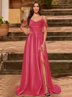 A-Line/Princess Cold Shoulder Short Sleeves Rhinestone Prom Dresses — view 28
