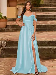 A-Line/Princess Cold Shoulder Short Sleeves Rhinestone Prom Dresses — view 31