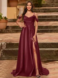 A-Line/Princess Cold Shoulder Short Sleeves Rhinestone Prom Dresses — view 32